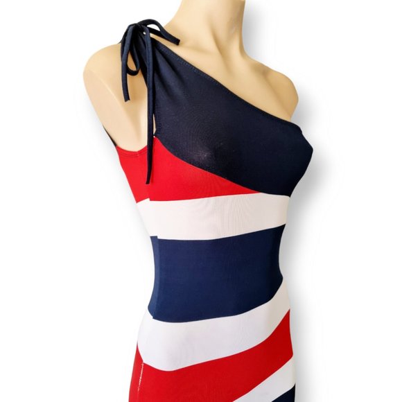 Y2k, dark blue, red + white one-shoulder maxi dress XS fits AU 4, 6, 8 - Picture 6 of 10